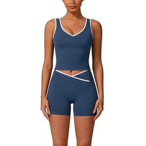 Completo Sportivo <span class=keywords><strong>da</strong></span> <span class=keywords><strong>Donna</strong></span> a Vita Alta 2 Pezzi, Pantaloncini Color Block Senza Schienale Aderenti Effetto Nudo, Abbigliamento Fitness <span class=keywords><strong>e</strong></span> Corsa Sehe Fashion - Product Image 2