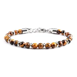 Pierre naturelle 6 mm Onyx perles en acier inoxydable oeil de tigre perle bracelets hommes bijoux Bracelet STB006