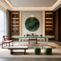 Table à thé ovale en résine texturée vert jade, avec barre transversale en bronze, design moderne, écologique, durable, pour usage commercial et résidentiel