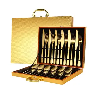 أدوات مائدة من الصلب المقاوم للصدأ للاستخدام في السفر ، 24 قطعة ، صندوق خشبي ذهبي بسعر الجملة