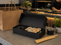Boîte à sushi noire mate haut de gamme avec compartiment intérieur, emplacement pour coupelle à sauce, conception anti-déplacement, logo personnalisable, élégante pour la présentation des aliments