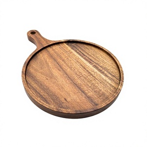 Round Wooden <b>Serving</b> <b>Tray</b> With Handle Polished Natural <b>Wood</b> Pattern Food Safe Residential Use Made in Vietnam - Product Image 1