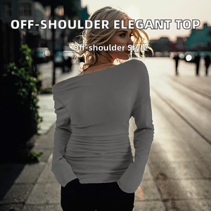 Blusa de Mujer Transpirable, Lisa, con Hombros Descubiertos, Escote Asimétrico y Mangas Largas Elegantes para Primavera y Otoño - Product Image 2