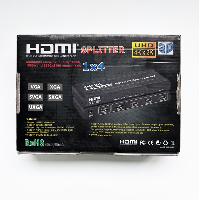 4Kx2K UHD Splitter 1x4 1 in 4 Out 3D 1.4 Audio Video Splitter for HDTV DVD PS3 TV Monitor