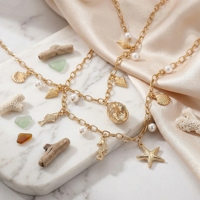 Collier en alliage Ocean Wind avec pendentif en perles d'imitation et pampilles, étoile de mer et coquillage, bijoux pour femme, cadeau d'été pour les vacances