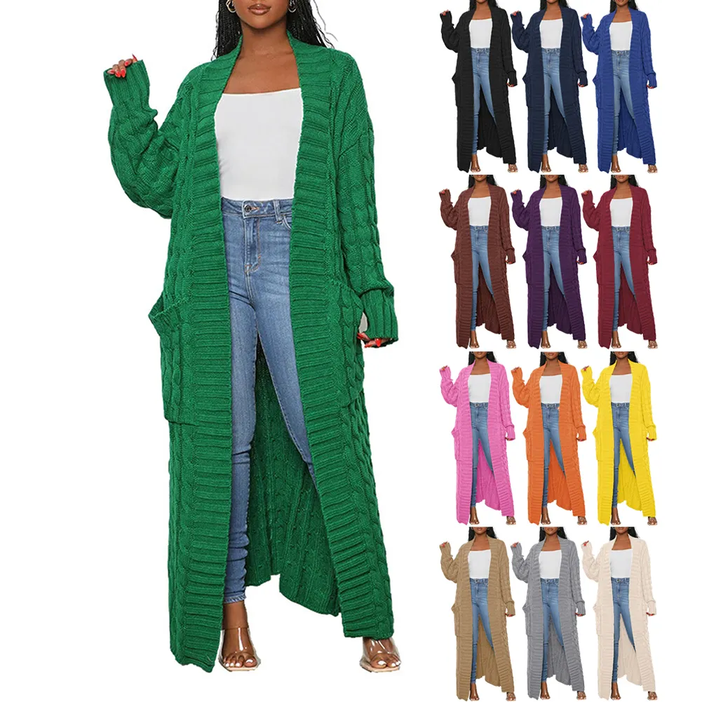 Pull Long de couleur unie pour femme, manteau épais tricoté avec des câbles, Cardigan Maxi Super Long, hiver