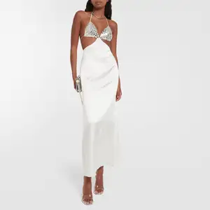 Sexy Embellished Cutout Satin Slip Party Prom Dress Halter V-Neck Sequin Bust Backless Long Dresses Women