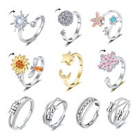 Vente Chaude Bague Anti-Anxiété Fidget Rotative en Argent Sterling 925 Scintillant pour Femme et Homme, Bijou Apaisant avec Fleurs, Lune et Étoiles