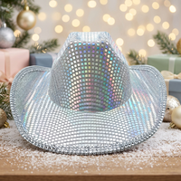 Chapeau de cowboy miroir disco 2026 en gros, à paillettes argentées, en polyester, protection solaire, avec protège-nuque, pour l'extérieur et les fêtes