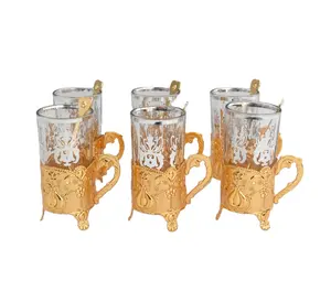 New design metal Arabic flower base glass cup wedding craft tea cup set