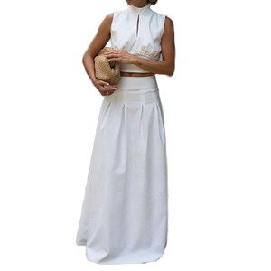 Conjunto de Verano 2025 para Mujer, Estilo Casual, Lona, Moderno y Sexy, Chaleco sin Mangas con Espalda Descubierta y Cordones, Falda Plisada, Venta al Por Mayor de Boutique - Product Image 1