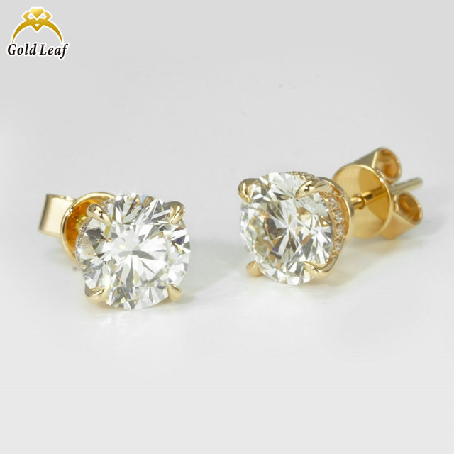 Goldleaf IGI Lab Grown Diamond 1CT 0.5CT Round Cut 14K 18K Yellow Gold Lab Diamond Back Stud Earring for Daily Wear
