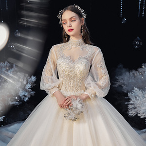 Elegant Bridal Wedding Dress Ball Gown High Neck Long Sleeve Tulle Empire Waist Vintage Style With Train - Product Image 2