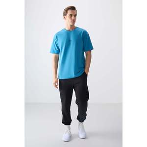 T-shirt pour homme en coton bleu pétrole, épais, doux, texturé, coupe ample, imprimé - 88373 - Bleu pétrole - Product Image 4