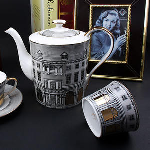 Set da <span class=keywords><strong>Caffè</strong></span> in Porcellana Bone China con Motivo Artistico di Castello e Città, Tazze e Teiera in Ceramica Dorata - Product Image 6