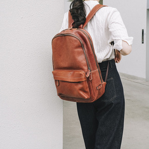Genuine Leather <b>Backpack</b> <b>Brown</b> Unisex Laptop <b>Backpack</b> Commuter Travel Bag Solid Color Shoulder Strap Winter 2023 - Product Image 1