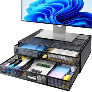 HUANUO 2 Tier Monitor Stand Metal Monitor Riser with Drawer Desk Organizer Monitor Stand with Storage