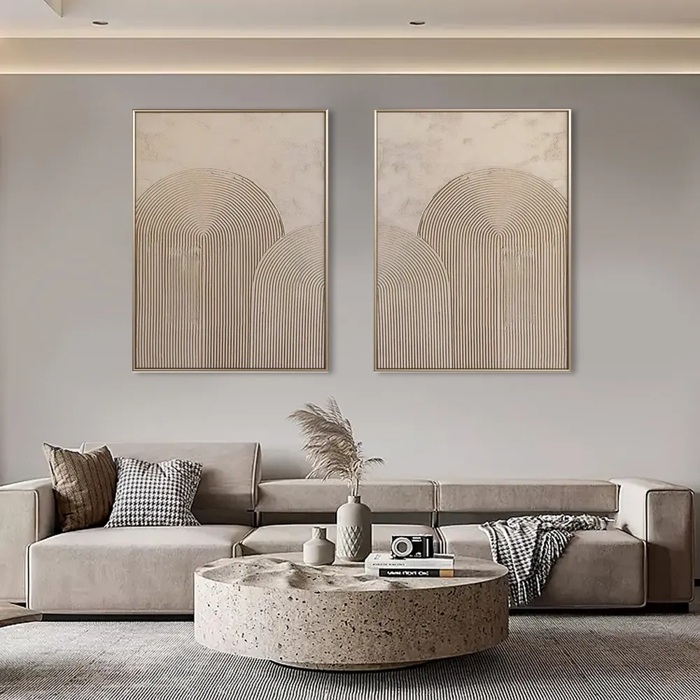 Custom Beige Arch Painting on Canvas Minimalist Wabi Sabi Texture Wall Art for Home Framed Pure Beige Arch Plaster