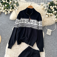 Ensemble tricoté décontracté pour femme, automne, coupe ample, haut à demi-zip à manches longues avec pantalon large taille haute