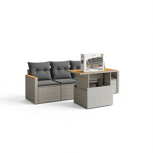 ชุดโซฟาหวายสีเทาสำหรับสวน เฟอร์นิเจอร์กลางแจ้ง 4 ที่นั่ง ดีไซน์ร่วมสมัย - Product Image 1