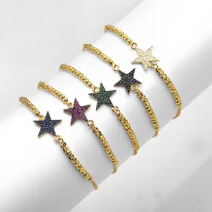 韩国设计师饰品女性镀金串珠可调盒链立方氧化锆直拉铺面星形手链
