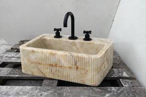 Vasque flottante de luxe en marbre naturel, lavabo intégré en pierre, comptoir de salle de bain mural cannelé, sur mesure OEM ODM - Product Image 1
