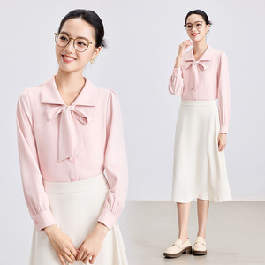 White Bow Blouse Women Long Sleeve Solid Color Office Shirt <b>Polyester</b> Poplin Formal Wear Commute Interview Top - Product Image 2