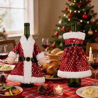 Weihnachtliche Flaschenhüllen Rot Rosa Samt mit Fellbesatz Personalisierte Baum-Familien-Dinner-Bar Feiertagsparty Tischdekoration Weingeschenke