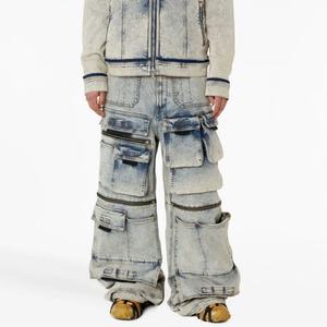 Fabricants de vêtements streetwear, jeans baggy pour hommes, bleu clair, jeans à plusieurs poches avec cordon de serrage pour hommes - Product Image 1