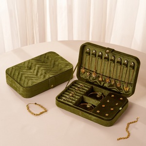 Boîte de rangement à bijoux en velours rétro de grande capacité avec logo personnalisé, étuis de transport rectangulaires de luxe portables - Product Image 3