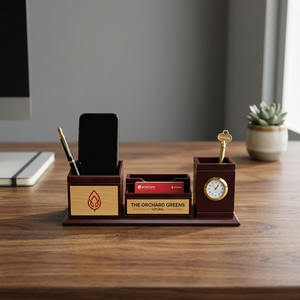 Custom Logo Print Wood Desk Organizer <b>Phone</b> Holder Pen Stand Card Holder Clock Office <b>Table</b> Decor - Product Image 1