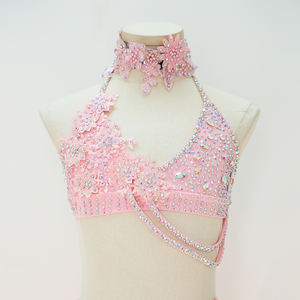 Vestido de Danza Lírica Rosa para Niñas, con Cuello Halter, para Ballet, Patinaje Artístico Contemporáneo, con Cuentas de Cristal, para Actuaciones en Escenario - Product Image 4