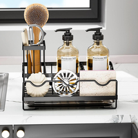 Support de rangement noir en métal pour évier de cuisine avec porte-éponge, porte-brosse et porte-savon, avec plateau d'égouttage