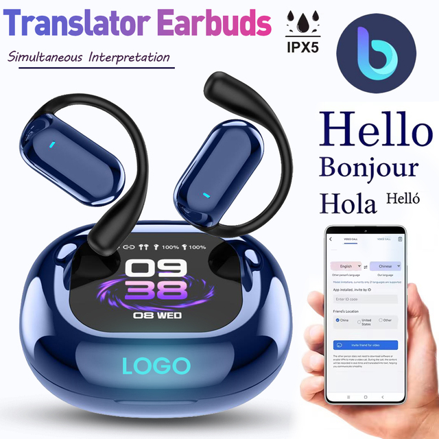 AI Translator Earbuds 133 Languages Real-Time 2-Way Voice Translation V5.4 Open-Ear Waterproof In-Ear LED Display Wireless