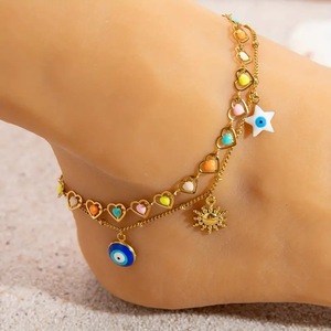 สร้อยข้อเท้าแฟชั่น สแตนเลสประดับหินธรรมชาติรูปหัวใจและดาว ชุบทอง 18K เครื่องประดับเท้าสำหรับผู้หญิงช่วงฤดูร้อน - Product Image 2