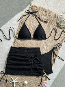 Bikini bandeau ajouré style bohème, maillot de bain 3 pièces avec haut triangle à nouer et bas à nouer sur les côtés, paréo à cordon de serrage, tanga, vêtements de plage pour femme à motif végétal - Product Image 6