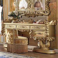 Ensemble de chambre à coucher de luxe en bois antique, lit king-size, meubles de chambre à coucher royaux, ensemble de chambre à coucher classique doré