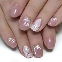 Uñas Postizas Rosadas Francesas con Lazo Brillante y Diamantes de Imitación, Forma Ataúd, Estilo Hecho a Mano, Estética Dulce INS, ABS Premium