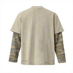 เสื้อยืดคอกลมทรงบ็อกซี่ลายกราฟิกขาดๆ แบบวินเทจ ลายพรางสองชั้น แขนยาว สำหรับผู้ชาย - Product Image 2