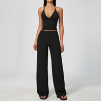 Atasan Crop Top Halter V-Neck Wanita dengan Celana Flare Pinggang Tinggi 2 Potong Set Warna Navy Solid Pakaian Olahraga Yoga Tracksuit