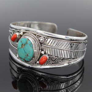 Bohemian Chic <span class=keywords><strong>Turquoise</strong></span> Open <span class=keywords><strong>Cuff</strong></span> Bracelet con filigrana-Pulsera tibetana de turquesa y piedra de coral para mujeres y hombres-Brazalete abierto - Product Image 3