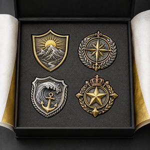 Badges métalliques moulés sous pression 3D personnalisés, or et argent antique, emblèmes boussole, montagne, ancre, couronne, étoile - Product Image 2