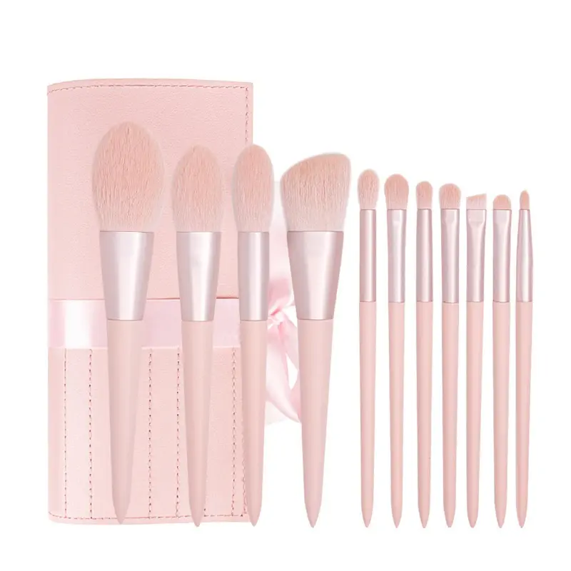 11 Pcs Wood Handle And Synthetic Hair Pink Makeup Brush Set With Pu Package Wholesale