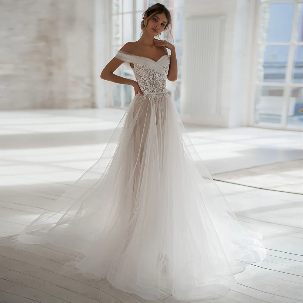 Weddding Dresses A-Line Sweetheart Beading Khoác Tắt Vai Cổ Điển Thanh Lịch Dài Backless Illusion 2021 Thời Trang Bridal Gowns