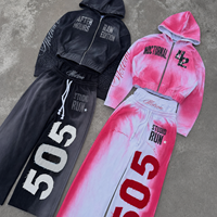 Ensemble de survêtement personnalisé avec sweat à capuche zippé 100% coton, impression DTG vieillie, strass, coupe oversize, pour hommes, effet délavé à l'acide