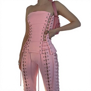 Women's Strapless Lace-Up Ribbed Crop Top and <b>High</b> Waist Skinny Trouser Set Sexy Club Matching Two Piece Outfit - Product Image 2