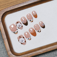 Tips Kuku Almond Motif Leopard 10 Pcs Amber Tip Putih 3d Bunga Perak Glitter Art Set Kuku Almond Tebal French Tip