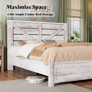 Base de Cama de Madera Maciza de Roble Estilo Rústico Francés con Cabecero Tapizado en Lino, Cama Plataforma Tamaño Queen/King para Dormitorio - Product Image 4