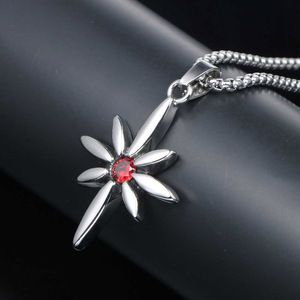 Flower Shape Titanium Steel Pendant With Red Gemstone Claw Setting Solitaire Charm For Gift Jewelry Accessory SP676 - Product Image 4