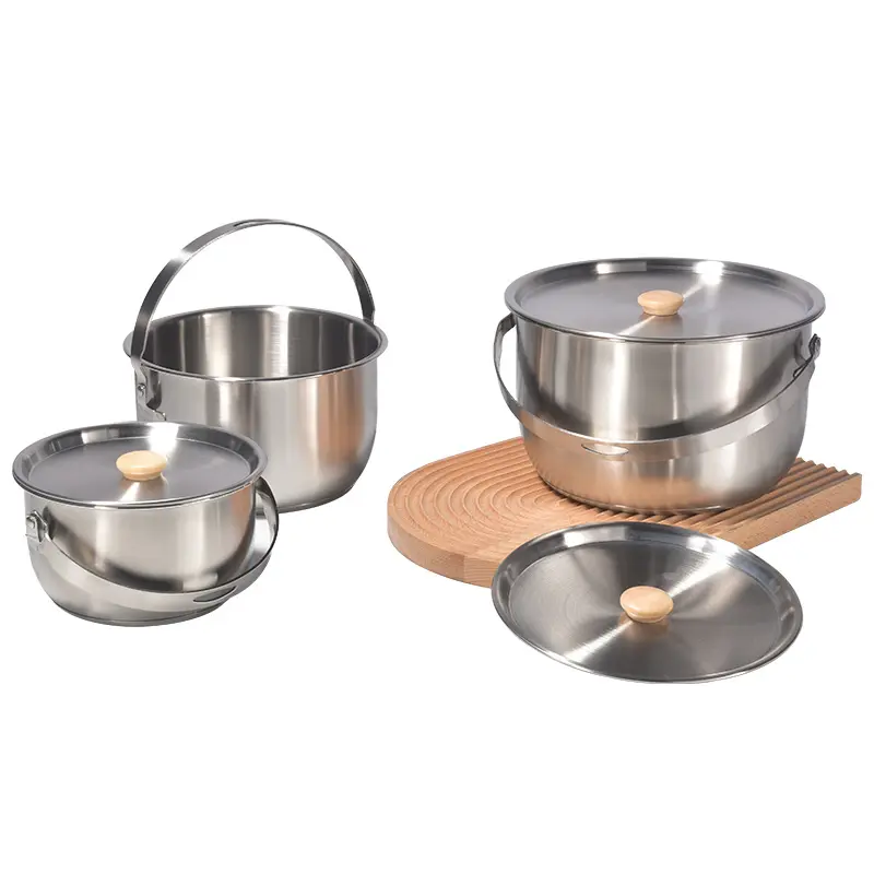 Stainless Steel 201 Camp Double Bottom Portable Handle Frying Camping Pot Cookware Set Sanding For Outdoor